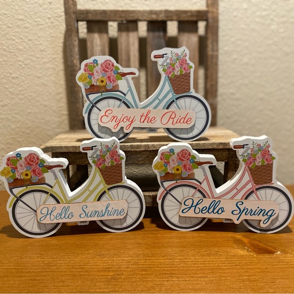 Bicycle Wood Signs Set Of 3 For Tier Trays, Enjoy The Ride, Hello Sunshine - Picture 2 of 15